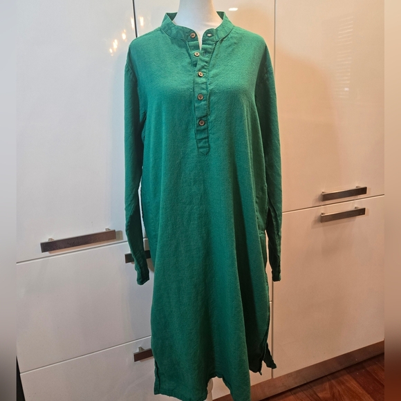 Cotton Textured 1/2 Button Down Midi Slit Tunic Dress Green Womens Size Large - Picture 1 of 9
